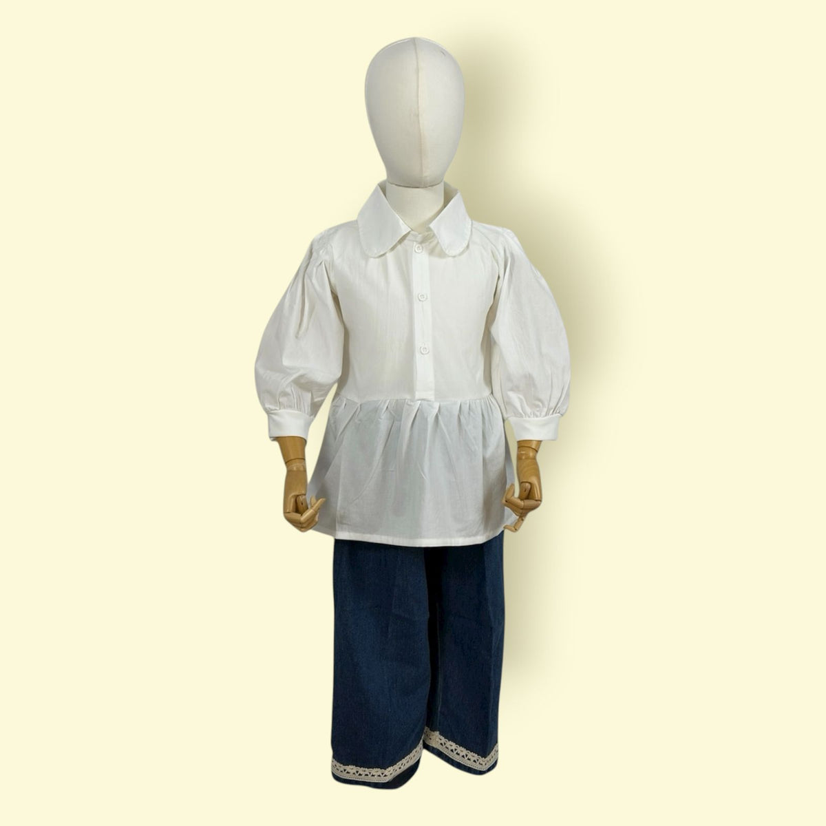 Girls’ Stylish 3-Piece Outfit Set – White Puff Sleeve Top, Red Sweater Vest &amp; Blue Denim Pants