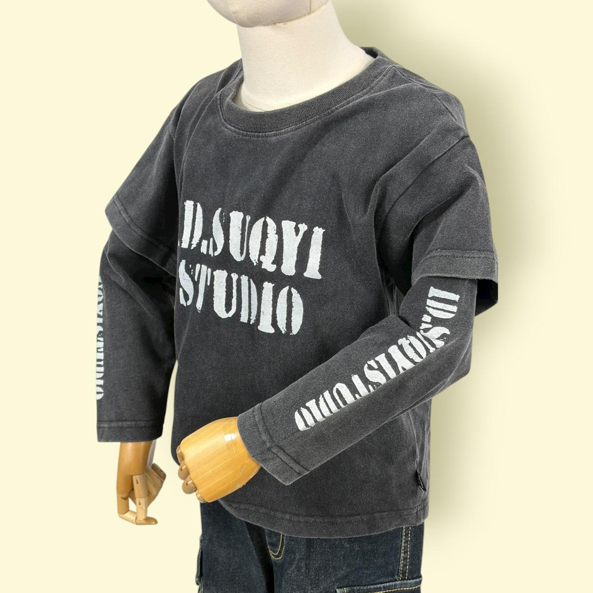 Trendy Unisex Black Layered Sleeve T-Shirt – ID.SUQYI STUDIO Printed Cotton Top