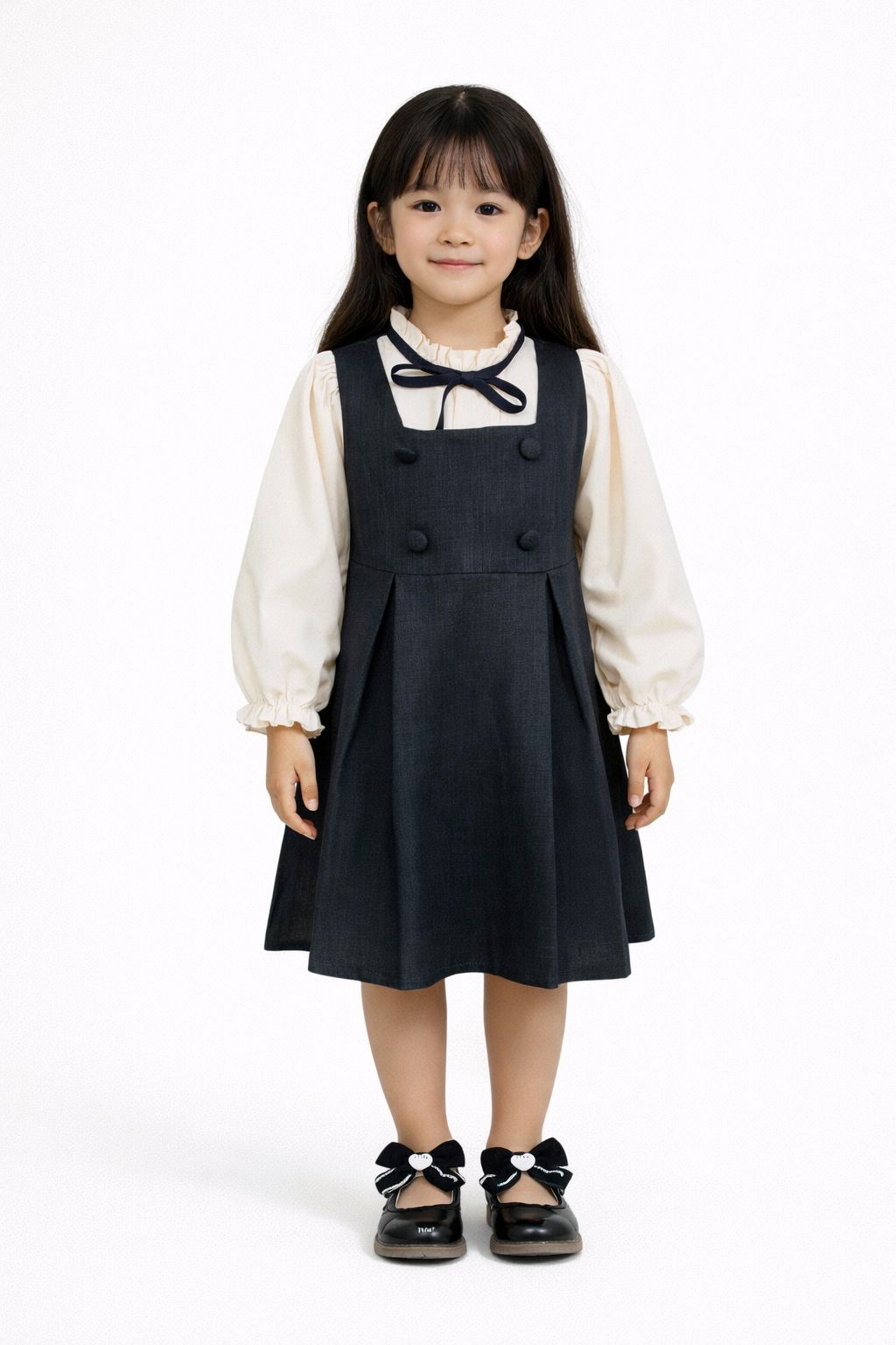 Stylish Girls Grey Layered Frock with Cream Puff Sleeves