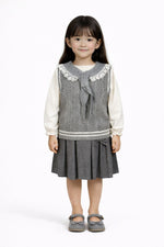 3Pc Girls’ Grey Pleated Skirt &amp; Cream Top with Knitted Lace Vest Set