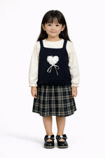 Cute Girls 3-Piece Outfit Set – Cream Top, Check Skirt &amp; Navy Heart Sweater