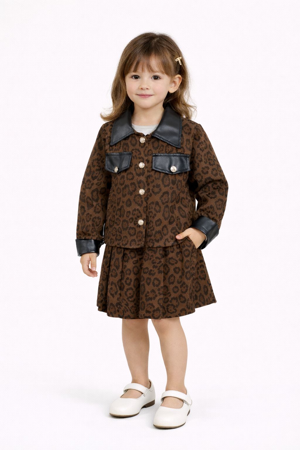 Trendy Leopard Print 2-Piece Skirt & Jacket Set for Girls – Stylish Winter Outfit with Faux Leather Detail