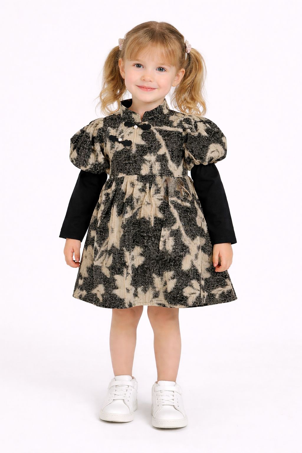 Elegant Black & Beige Puff-Sleeve Printed Frock