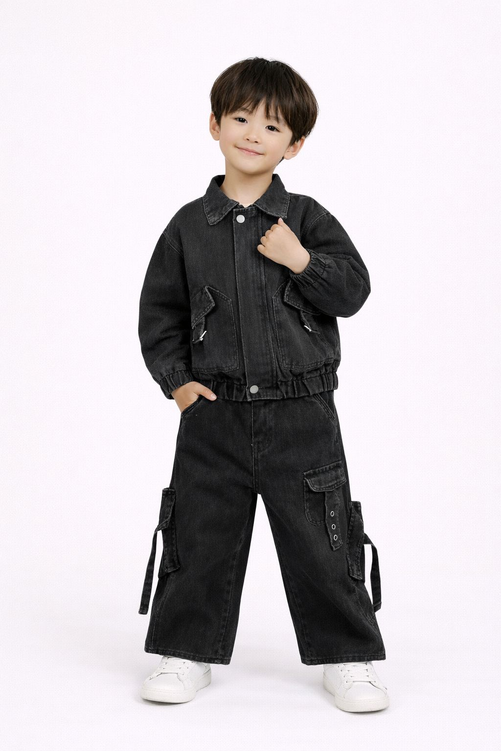 Trendy Black Denim Jacket & Cargo Pants Unisex Set– Stylish 2-Piece Outfit