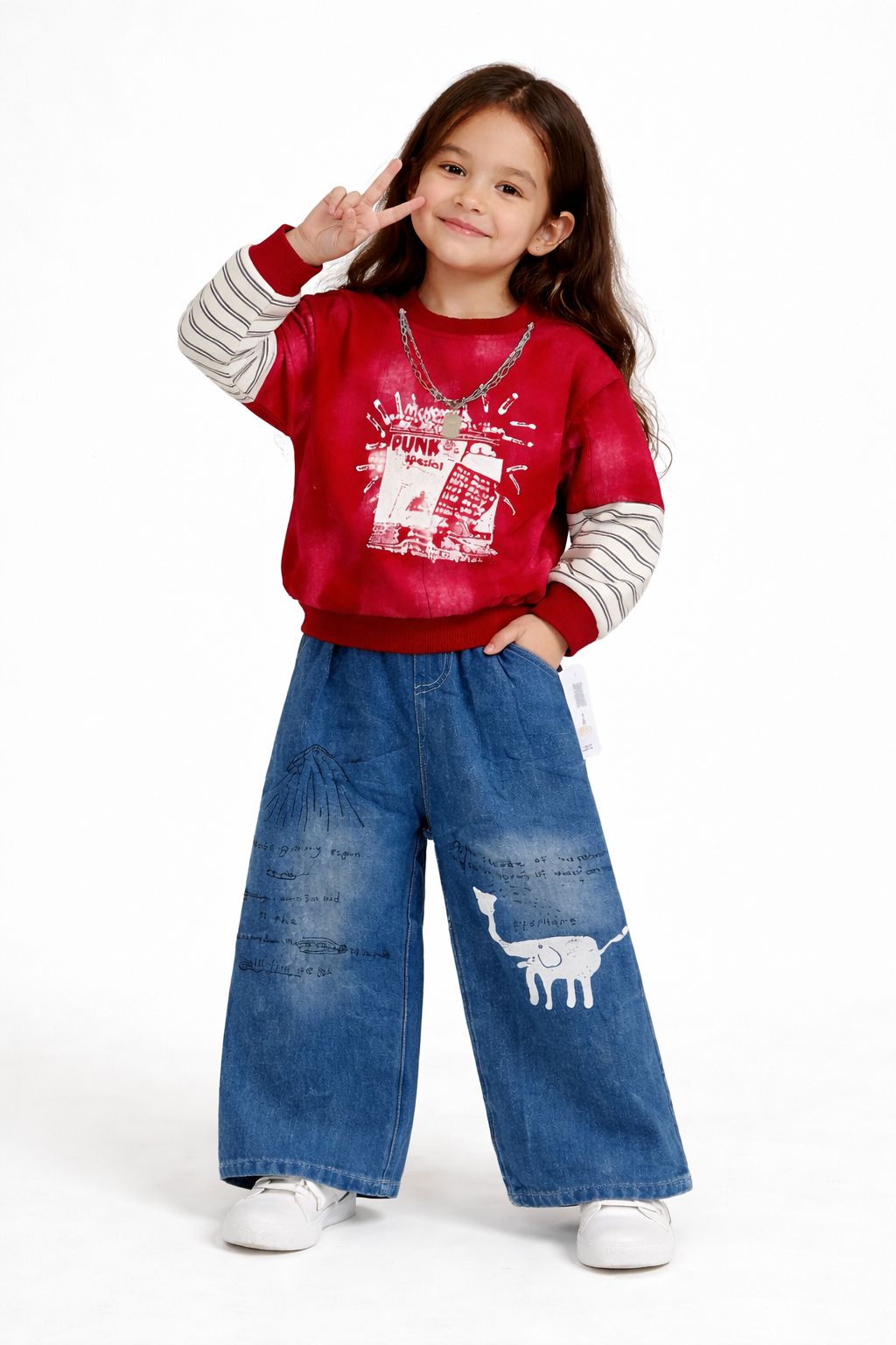 2Pc Unisex Kids Graphic Sweatshirt & Wide-Leg Denim Jeans Set
