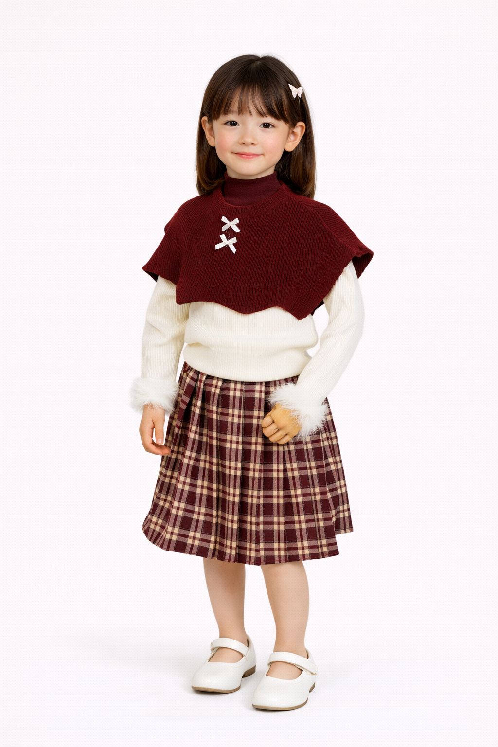 Stylish Kids 3-Piece Winter Outfit – Cream Sweater, Red Knit Cape &Plaid Skirt Set