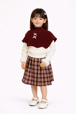 Stylish Kids 3-Piece Winter Outfit – Cream Sweater, Red Knit Cape &Plaid Skirt Set