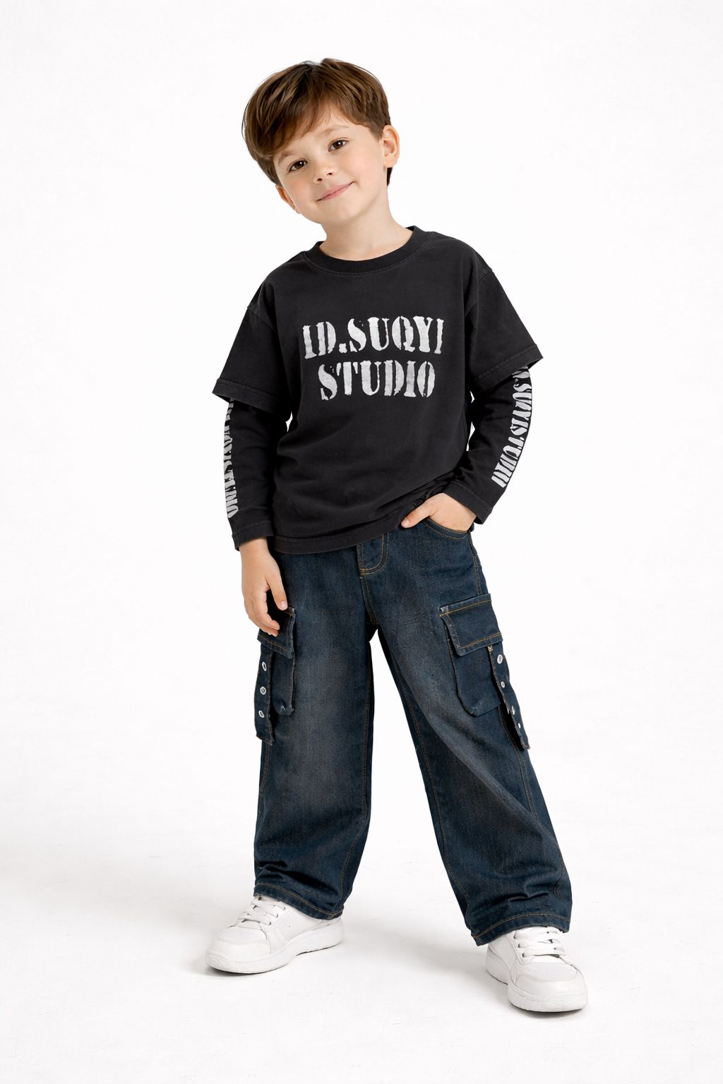 Trendy Unisex Black Layered Sleeve T-Shirt – ID.SUQYI STUDIO Printed Cotton Top