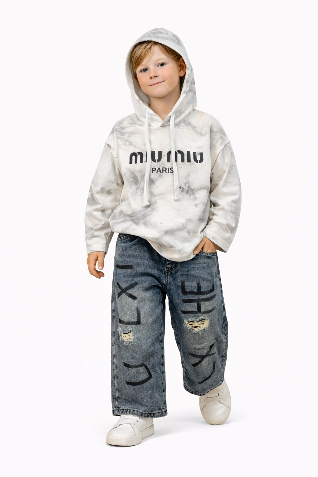 Kids’ White Printed Hooded Sweatshirt