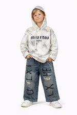 Kids’ Elastic Waist Printed Distressed Denim Jeans