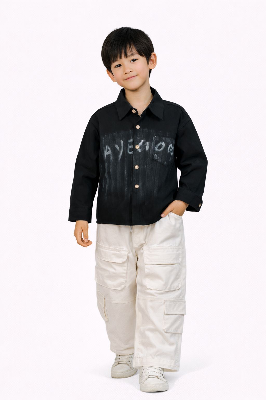 Kids Stylish Black Shirt with Front Pocket and Button Closure
