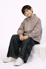 Kids Beige Zipper Jacket with Front Pockets and Elastic Cuffs