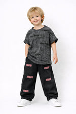 Kids Black Wide-Leg Pants with Pink Embroidery | Soft Denim Elastic Waist Trousers for Girls