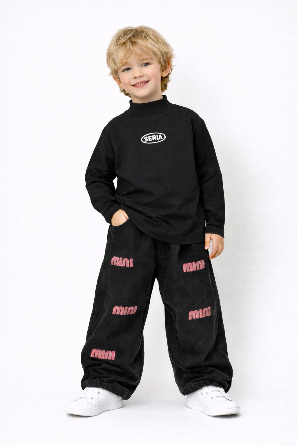 Kids Black Full Sleeve T-Shirt with White Logo | Soft Cotton Casual Top for Boys & Girls