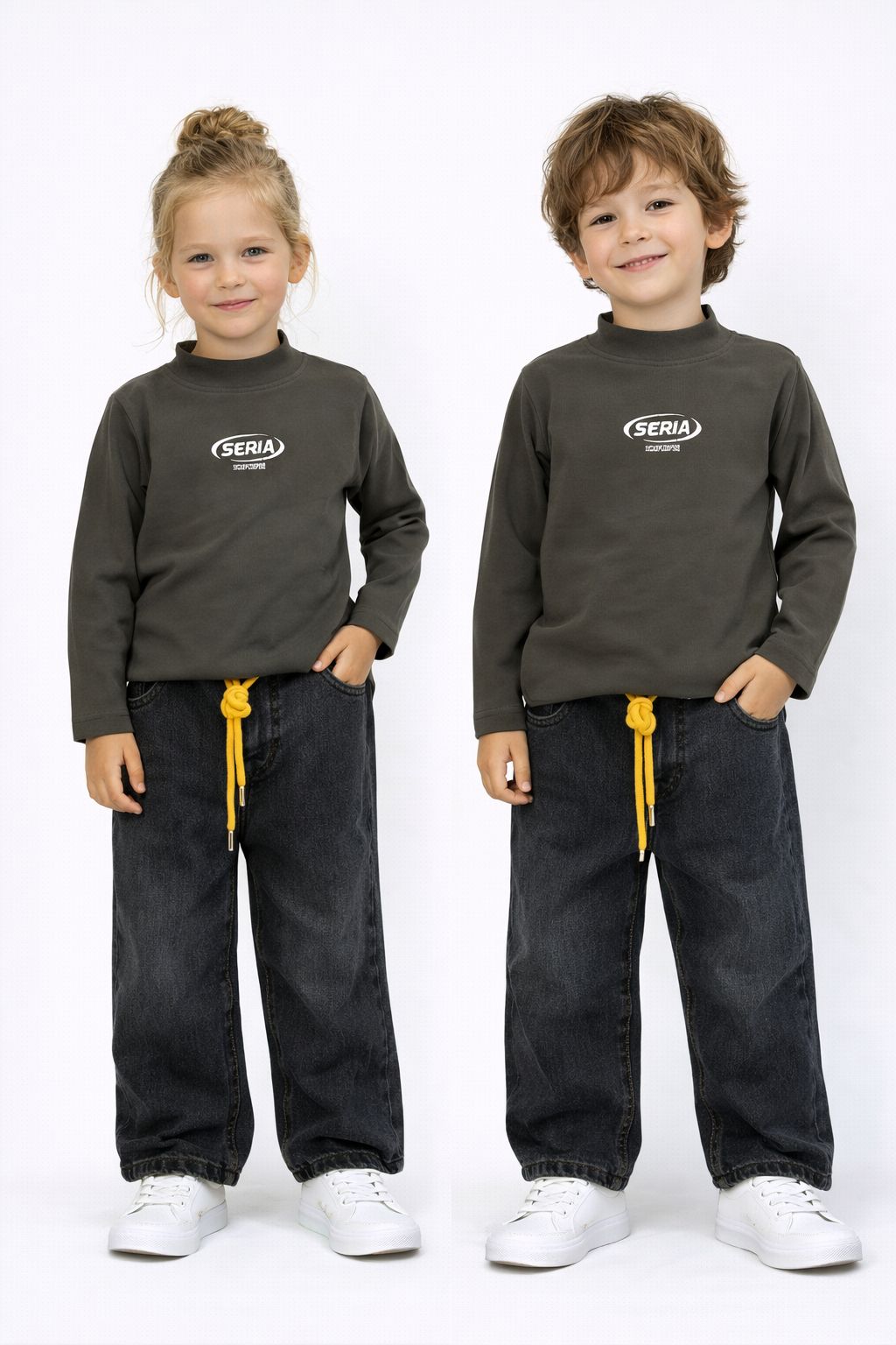Stylish Elastic Waist Black Kids Jeans with Yellow Drawstring | Trendy Casual Denim Pants for Boys & Girls