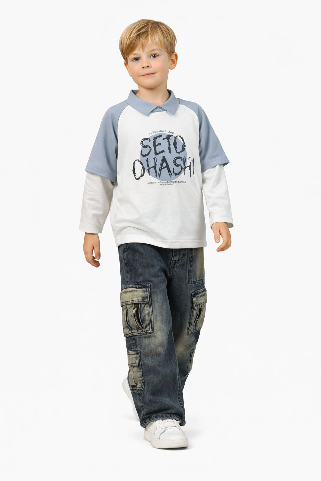 Boys Stylish Collared Layered Long Sleeve T-Shirt – Blue & White “SETO OHASHI” Printed Top &nbsp;